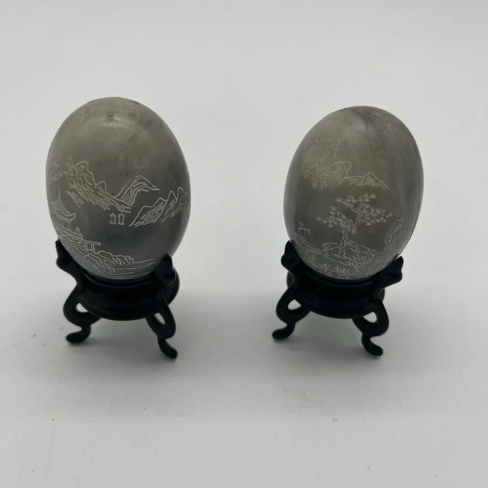 Vintage Asian Inspired Gray Egg Salt and Pepper Shakers With Black Stand Plastic